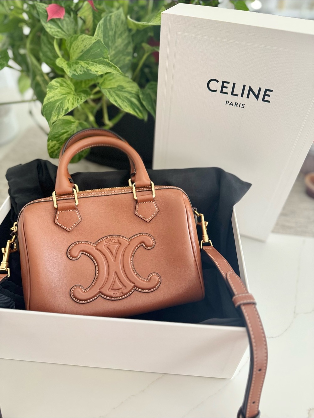 CELINE Brown Small Triomphe Leather Top-Handle Bostone Bag